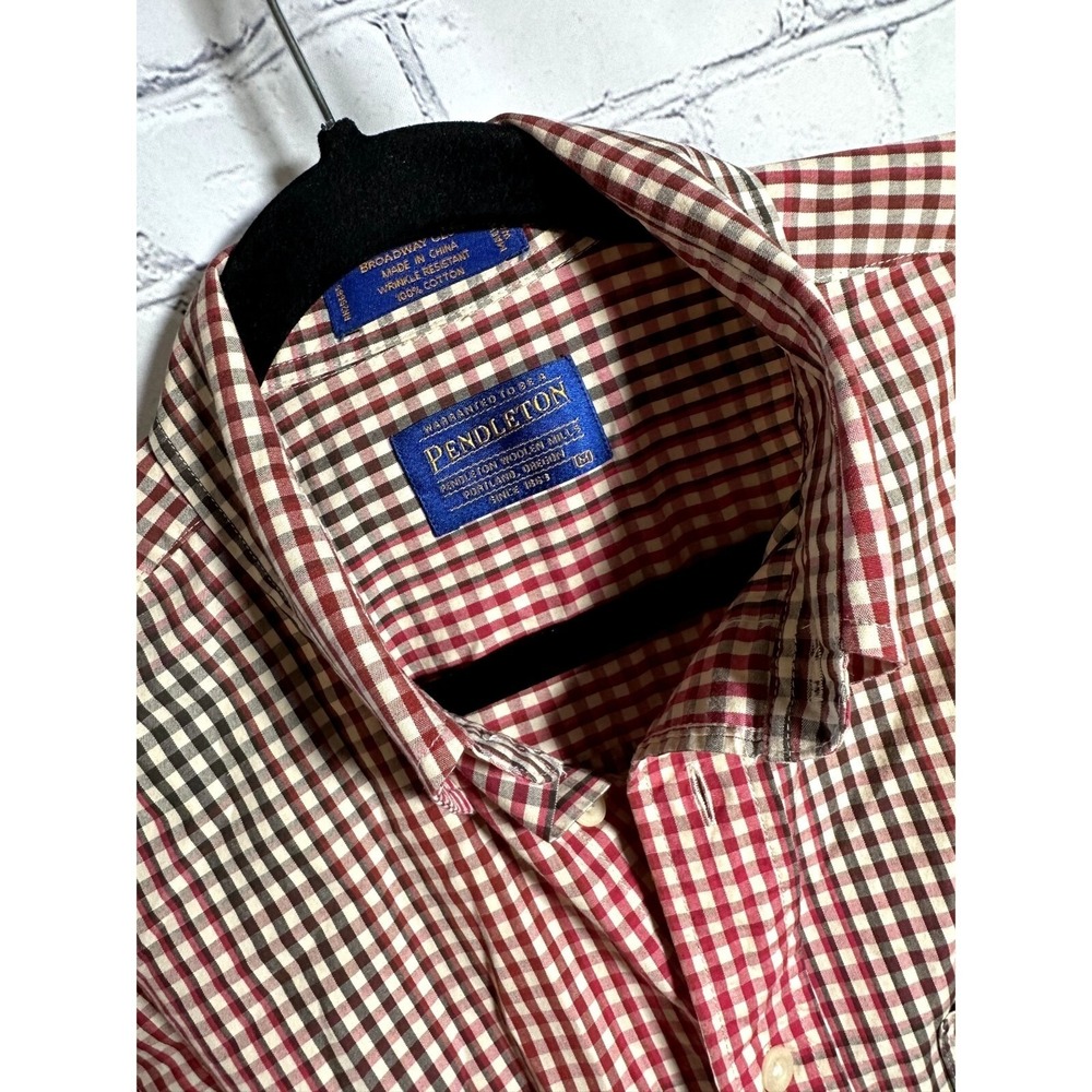 Pendleton Mens Red Brown Gingham Broadway Cloth Cotton Button Down Shirt Size M